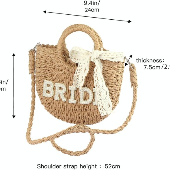 Women's Khaki Straw Wedding Bridal Mini Drawstring Crossbody Bag For Beach Holid - Picture 2 of 9